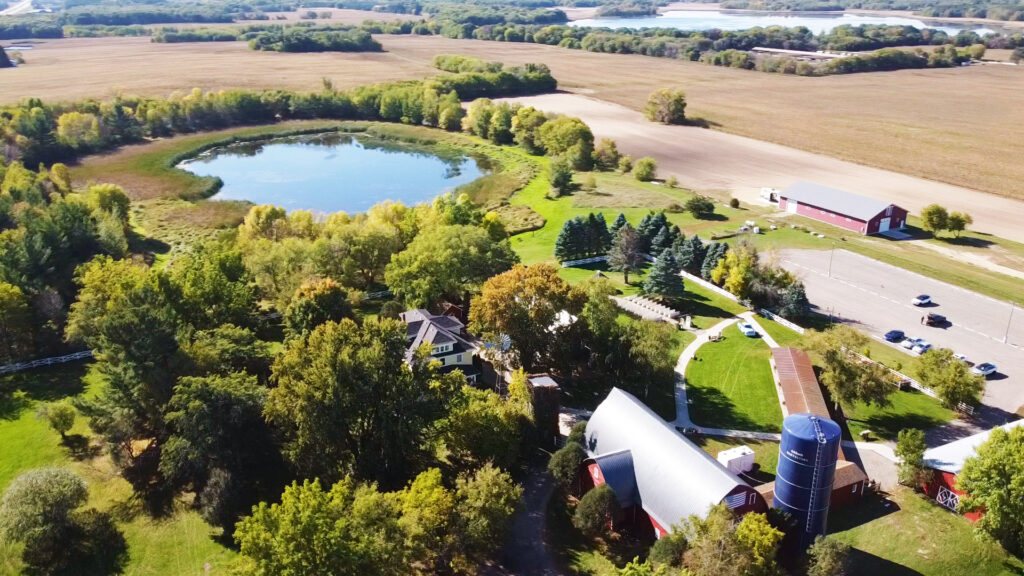 Farm Wedding venue. Aerial drone view of Erickson Farmstead venue event in Isaniti, MN.