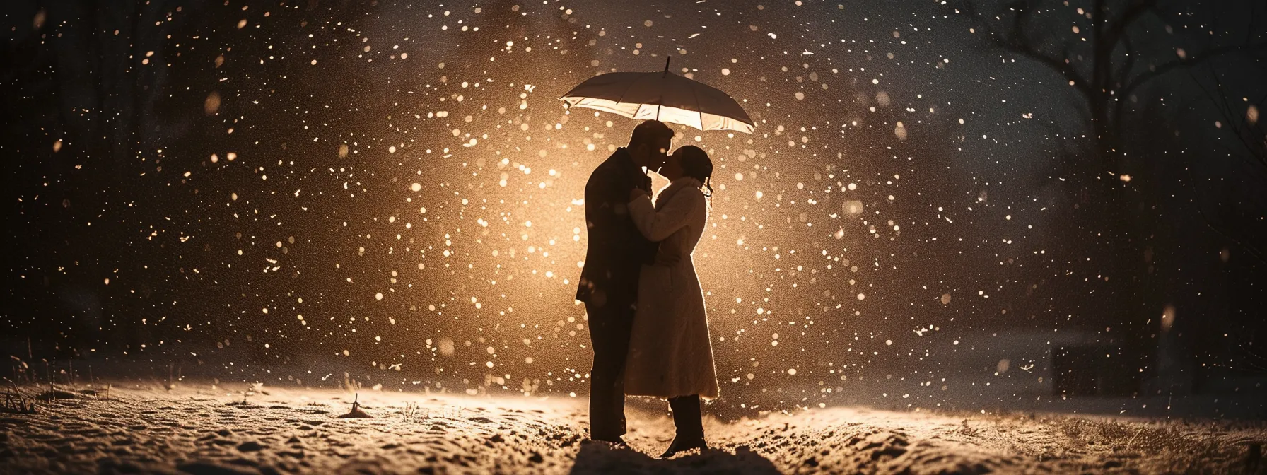 a couple sharing a kiss under a romantic umbrella in a snow-covered landscape, creating a memorable wedding moment in sioux falls.