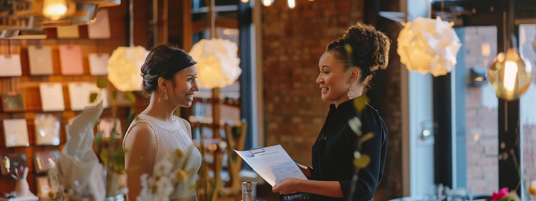 capturing a bride and a day-of planner deep in conversation, surrounded by wedding decor samples and planning documents in a chic minneapolis event space.