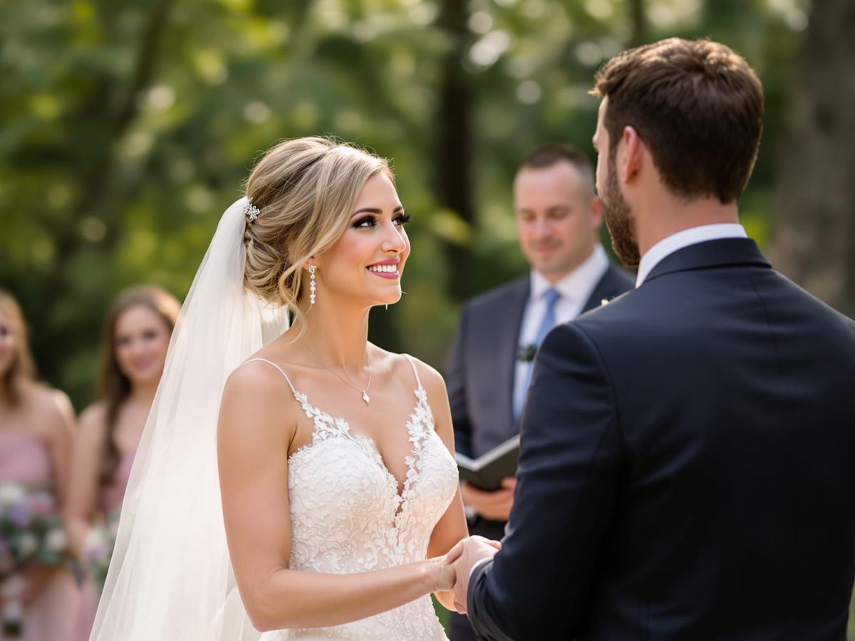 Couple exchanging vows during a wedding ceremony outdoors at the madison