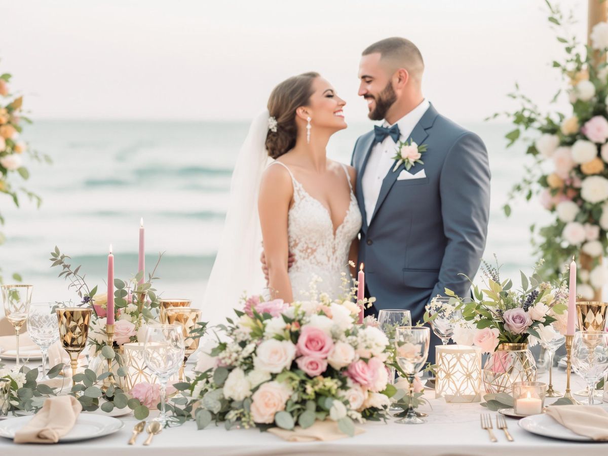 Couple celebrating their wedding at a beach club venue.