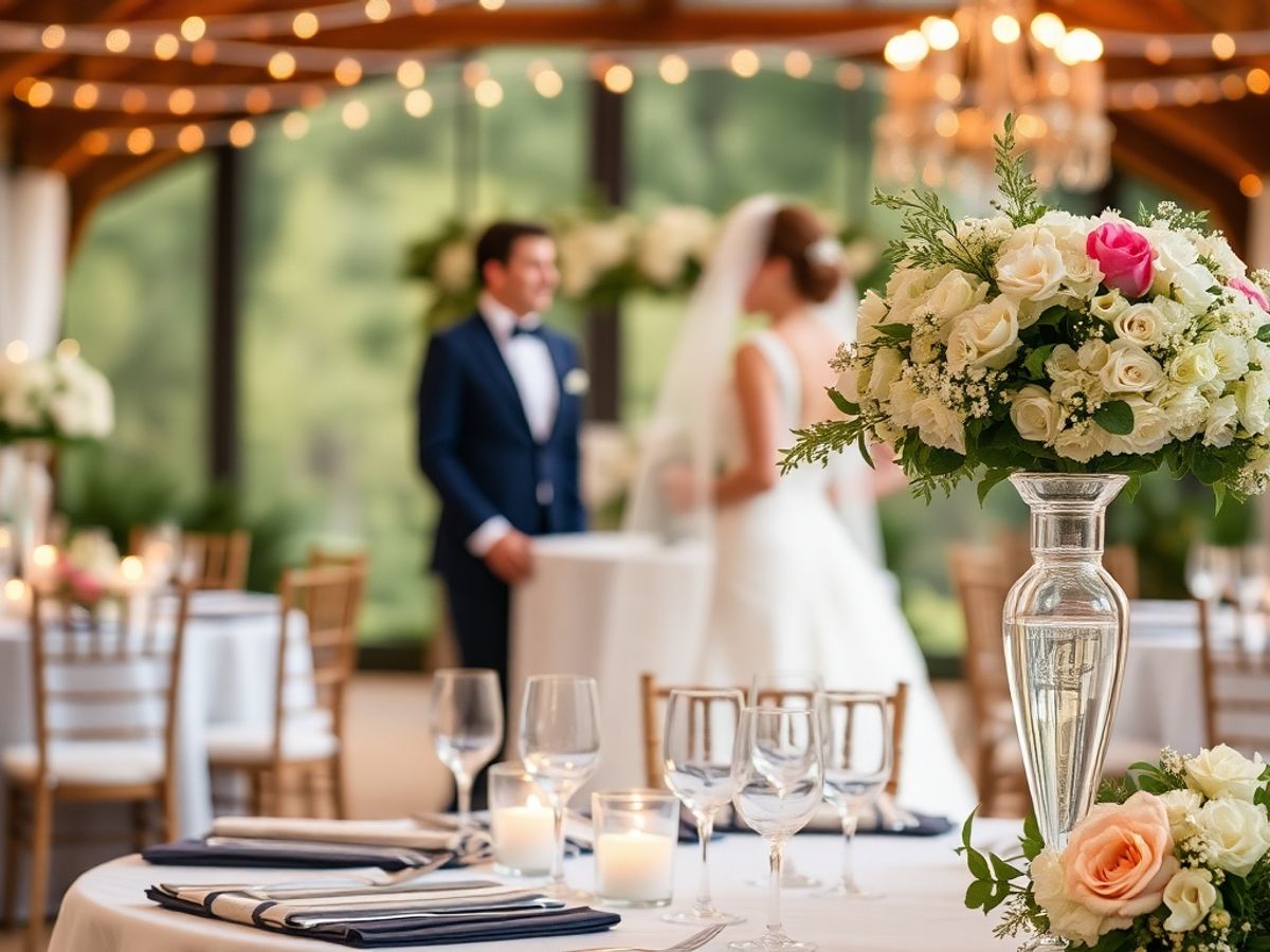 Close-up of bride and groom with beautiful wedding decor at the Pinewood Wedding Venue