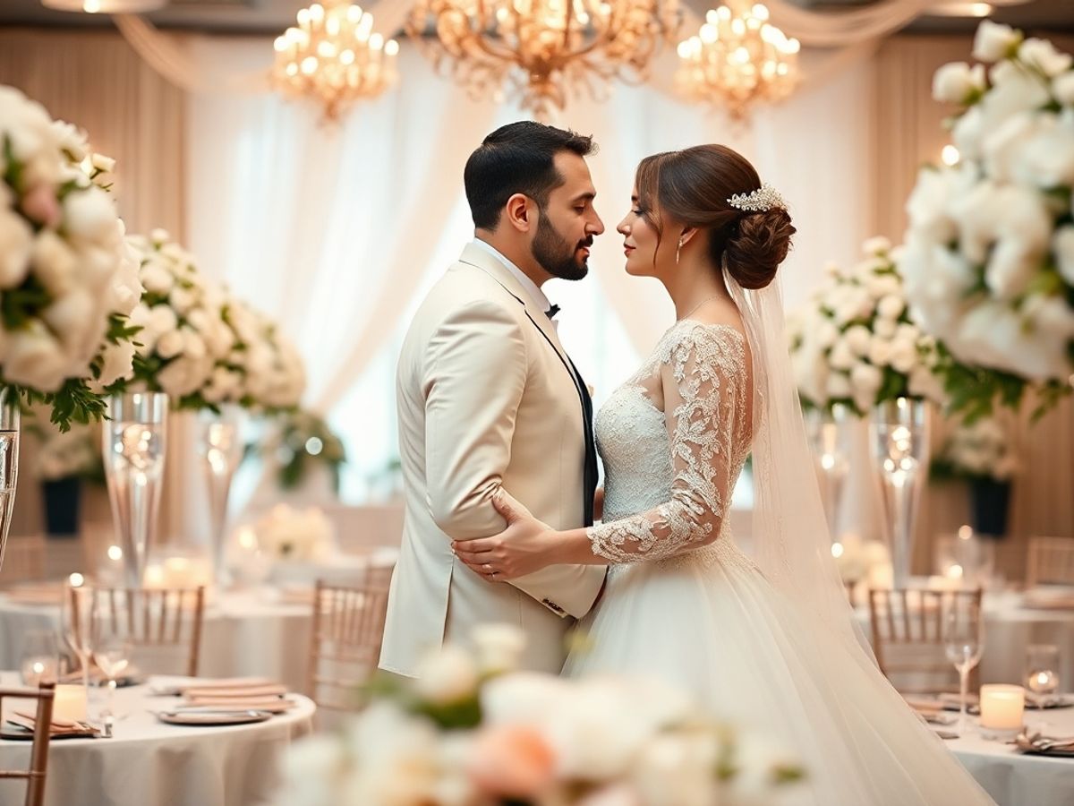 Bride and groom with elegant wedding decorations in soft focus at abella wedding venue