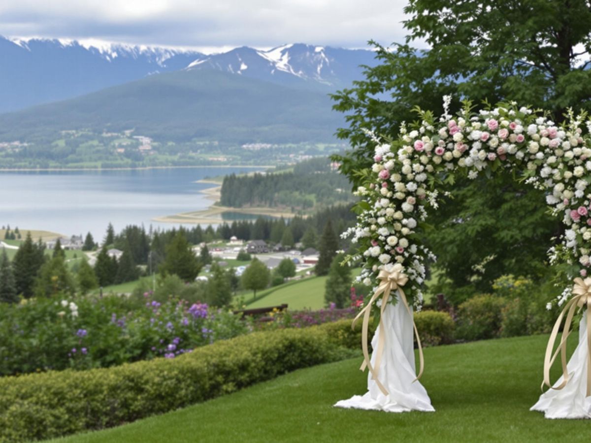 Lutsen Resort wedding venue with scenic lake and flowers.