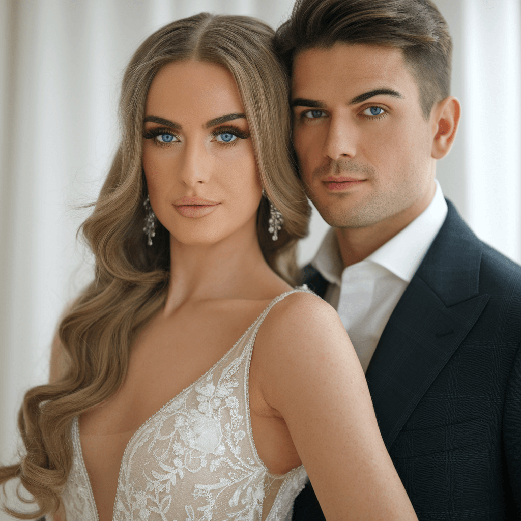 A bride in a lace wedding dress and groom in a dark suit stand close together with serious expressions and blue eyes, captured in the softly lit, modern ambiance of an Aloft Hotel wedding.