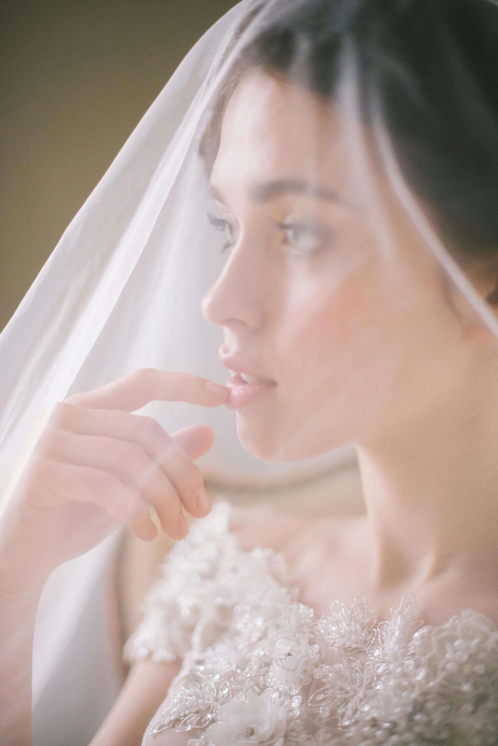 closeup of bride thinking of her groom