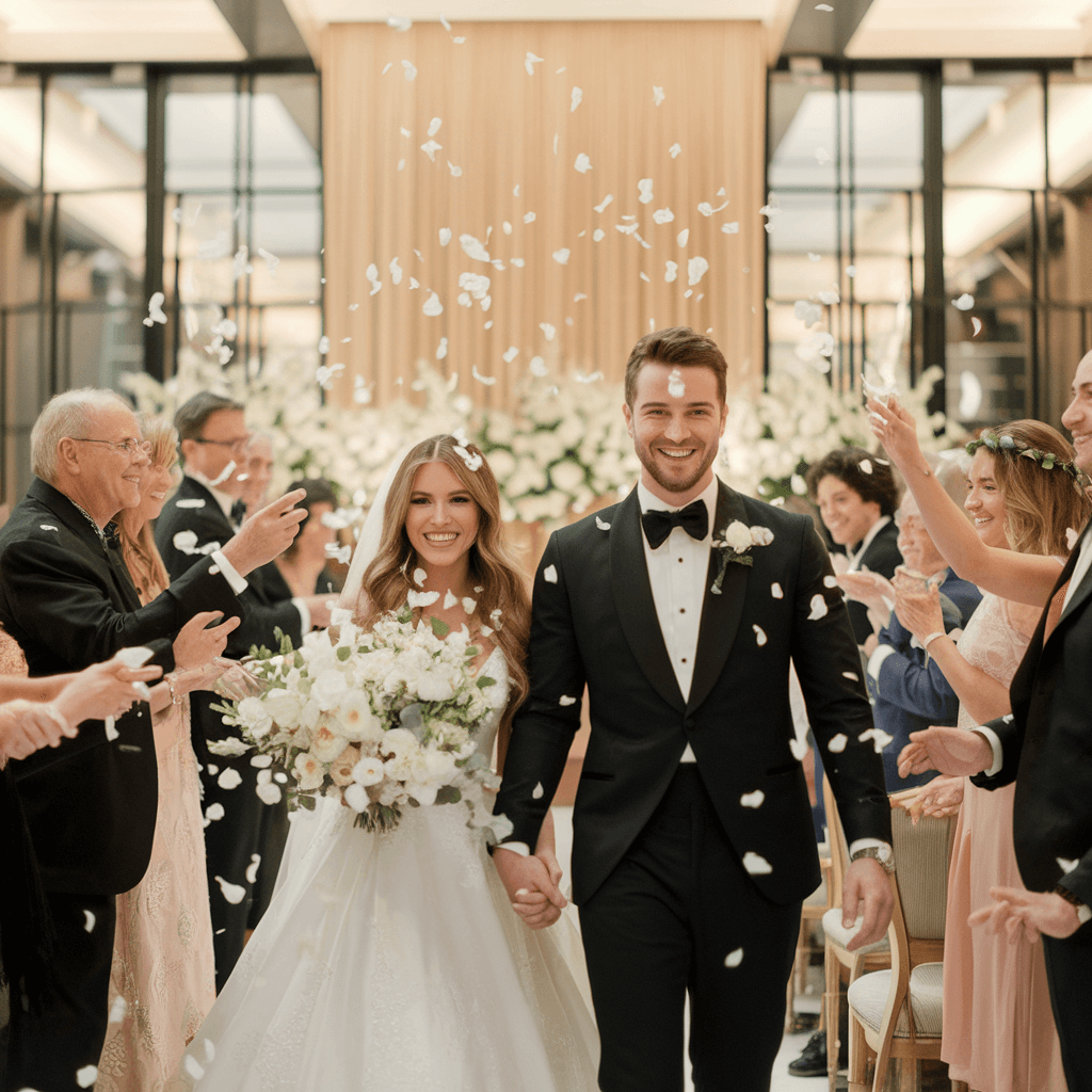 A bride and groom walk down the aisle smiling as guests throw white flower petals in celebration. The bride holds a bouquet of white flowers, and both wear formal wedding attire at their elegant Minneapolis Club wedding.