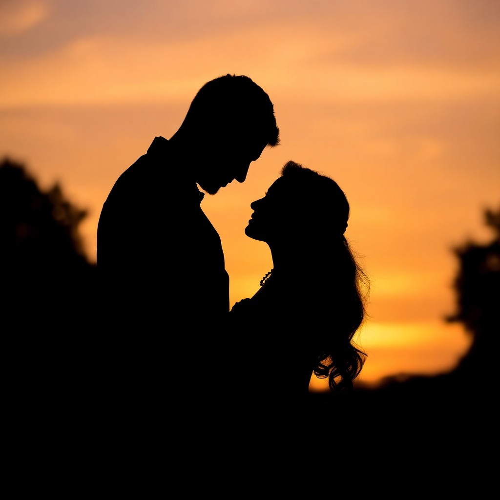 A silhouette of a couple facing each other closely, appearing to embrace at their yard wedding, with a warm orange and yellow sunset sky in the background.