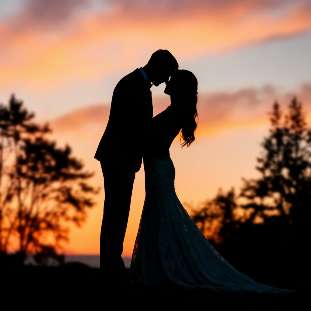 silhouette of bride and groom at outdoor field