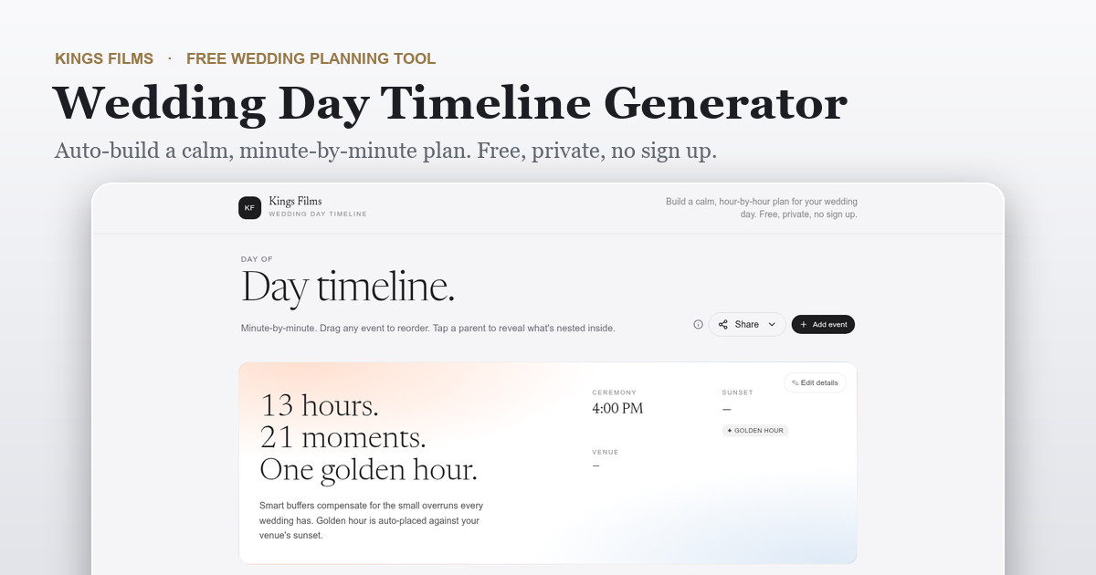 Kings Films free wedding day timeline generator showing an auto-generated minute-by-minute schedule